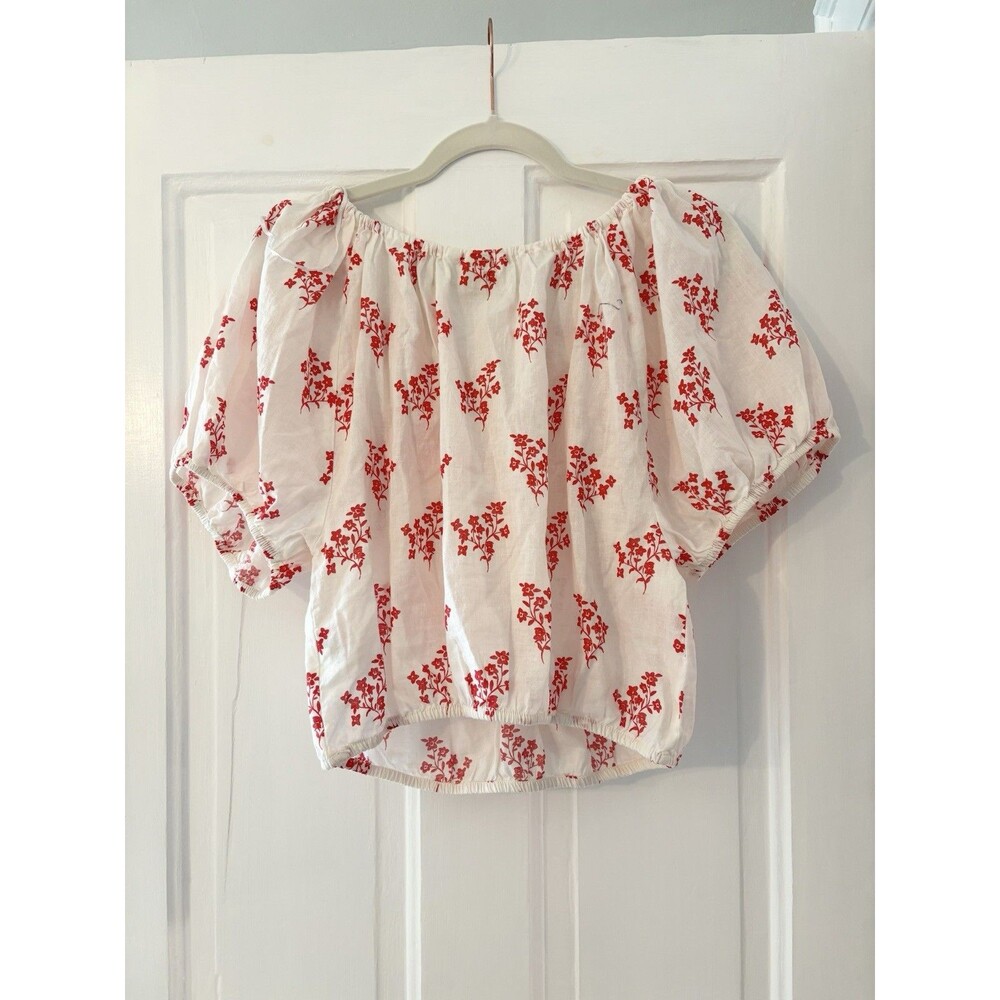 H&M Womens White Linen Blend Blouse Red Floral Puff Sleeve Cropped Peasant Sz S - Picture 3 of 8